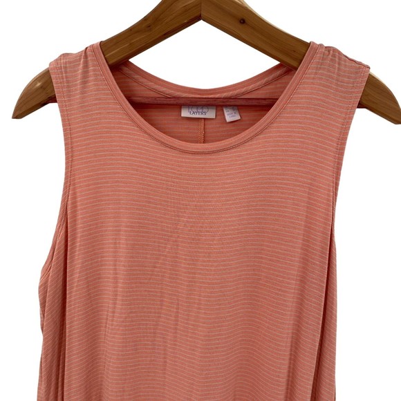 QVC LOGO Layers Large Women’s Tunic Tank Top Peach Pink White Stipe Hi-Lo Knit - Picture 3 of 8